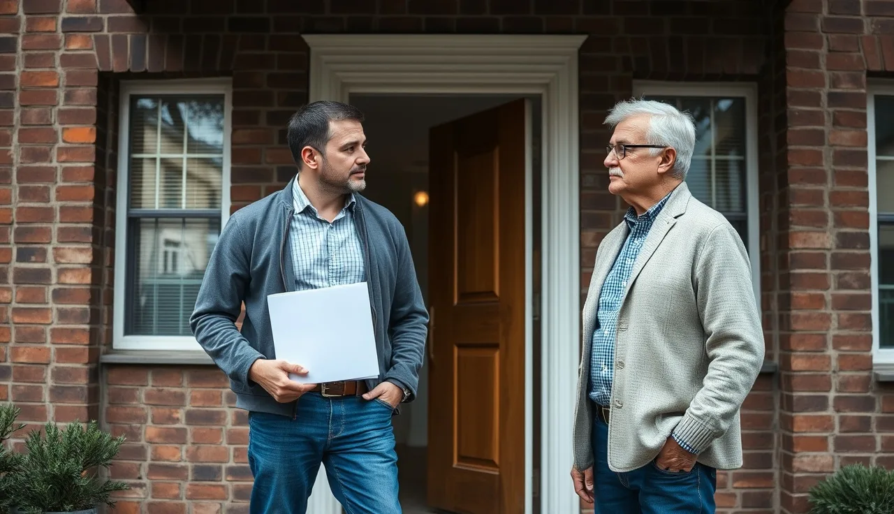 Tenant with document folder and landlord at apartment building entrance discussing voucher acceptance