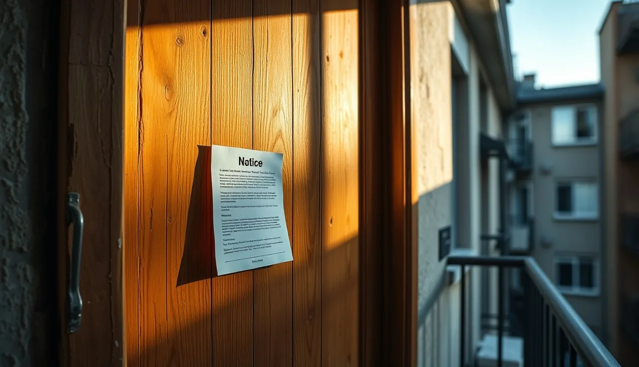 Eviction notice tucked into the door frame of a worn apartment door