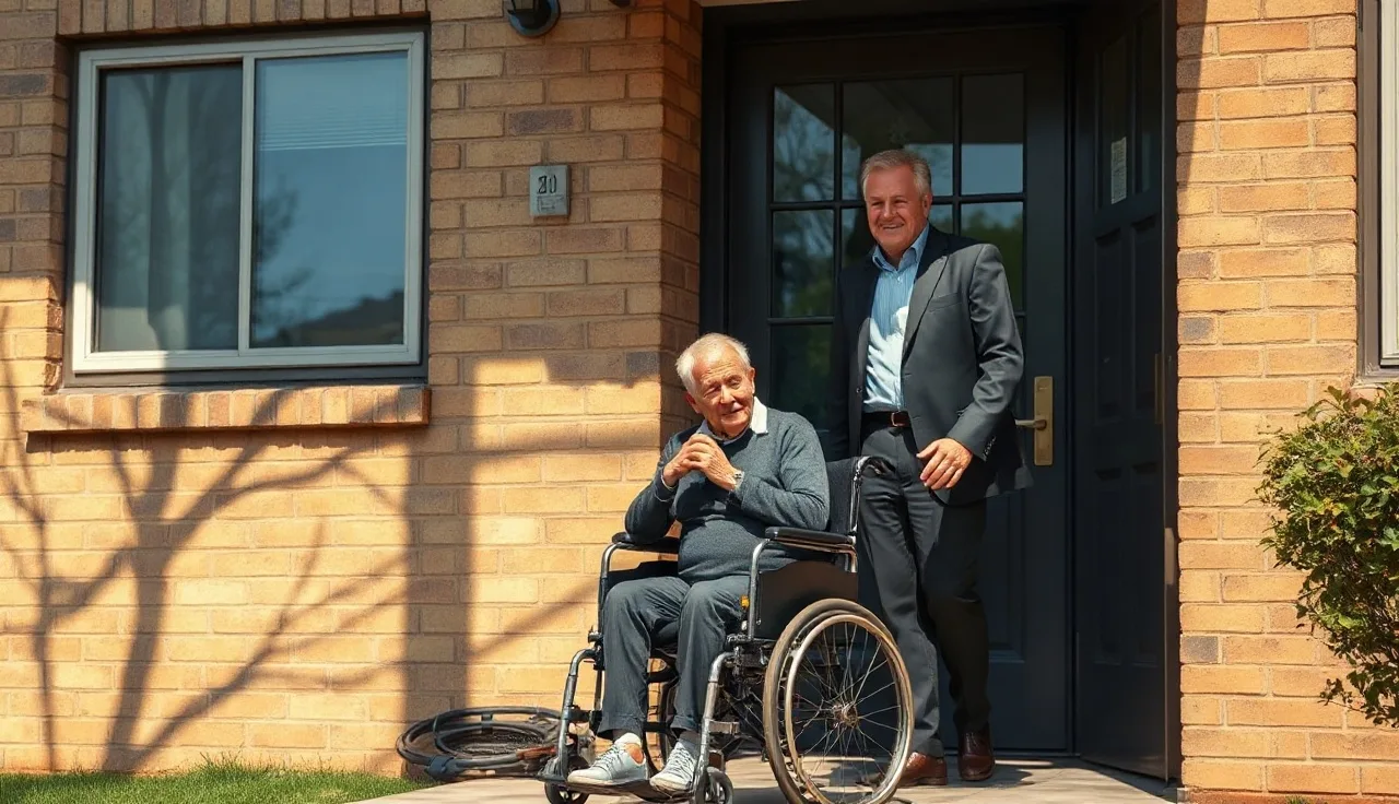 Wheelchair user and property manager at apartment building entrance discussing housing accommodation