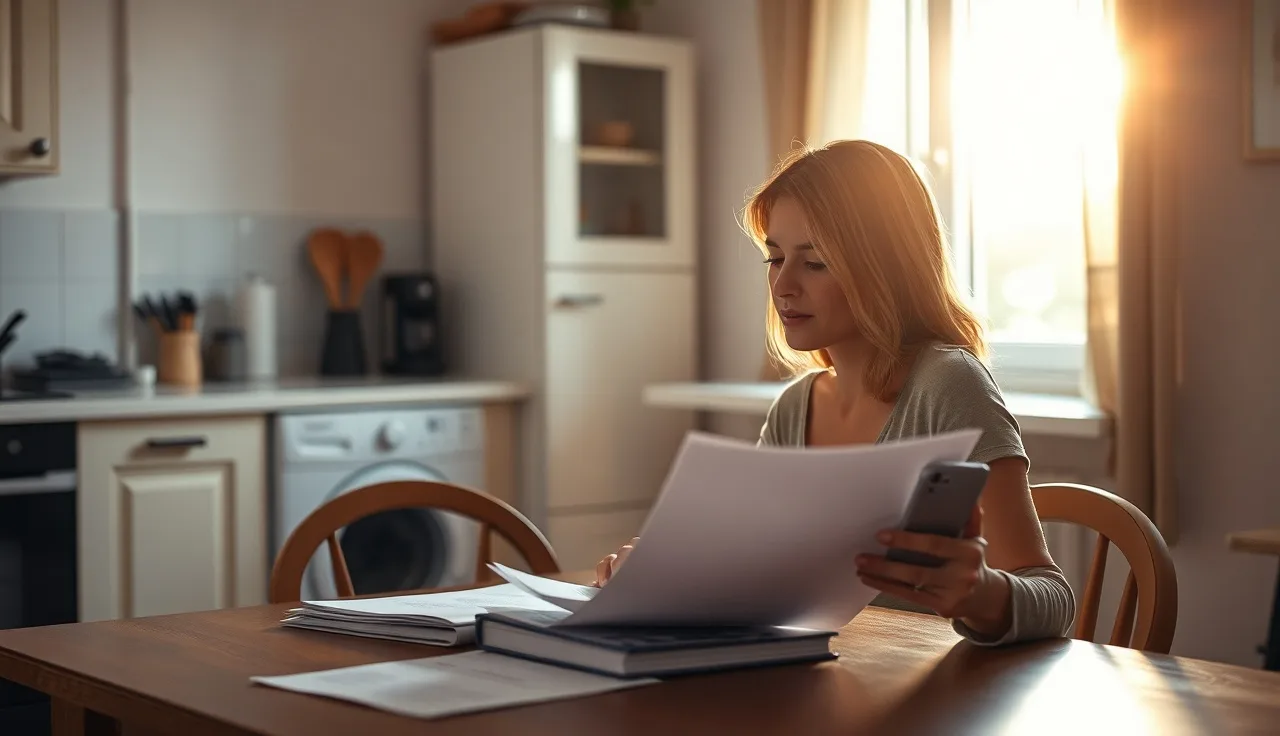 Woman reviewing housing documents at a kitchen table, soft afternoon light