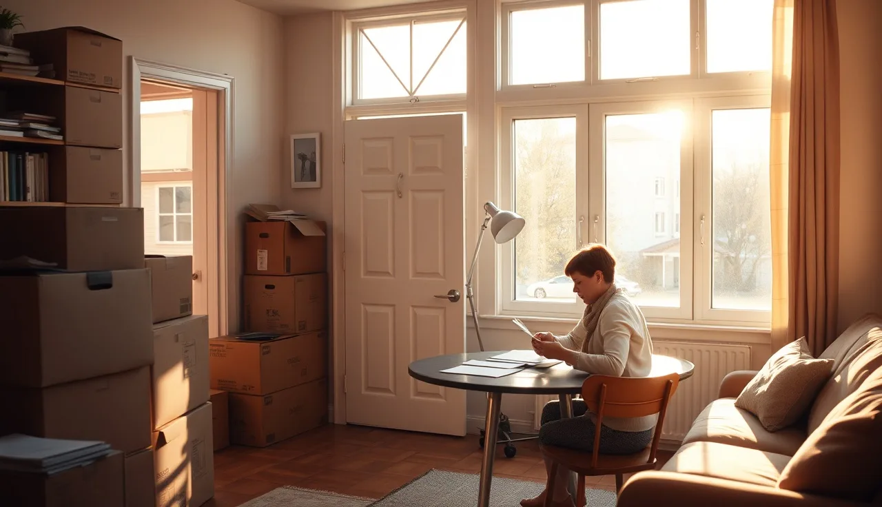 Tenant reviewing housing documents in apartment living room with moving boxes nearby