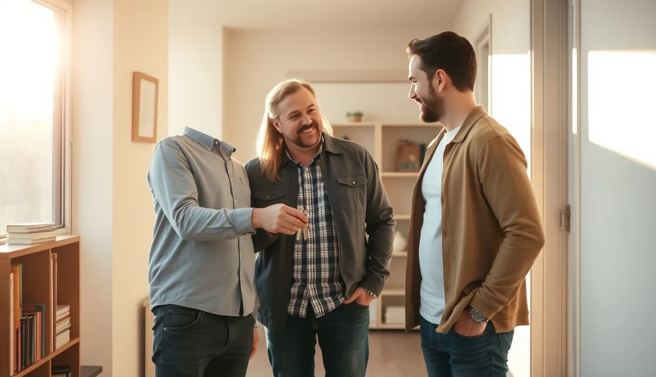 Landlord handing keys to a tenant in a sunlit apartment hallway