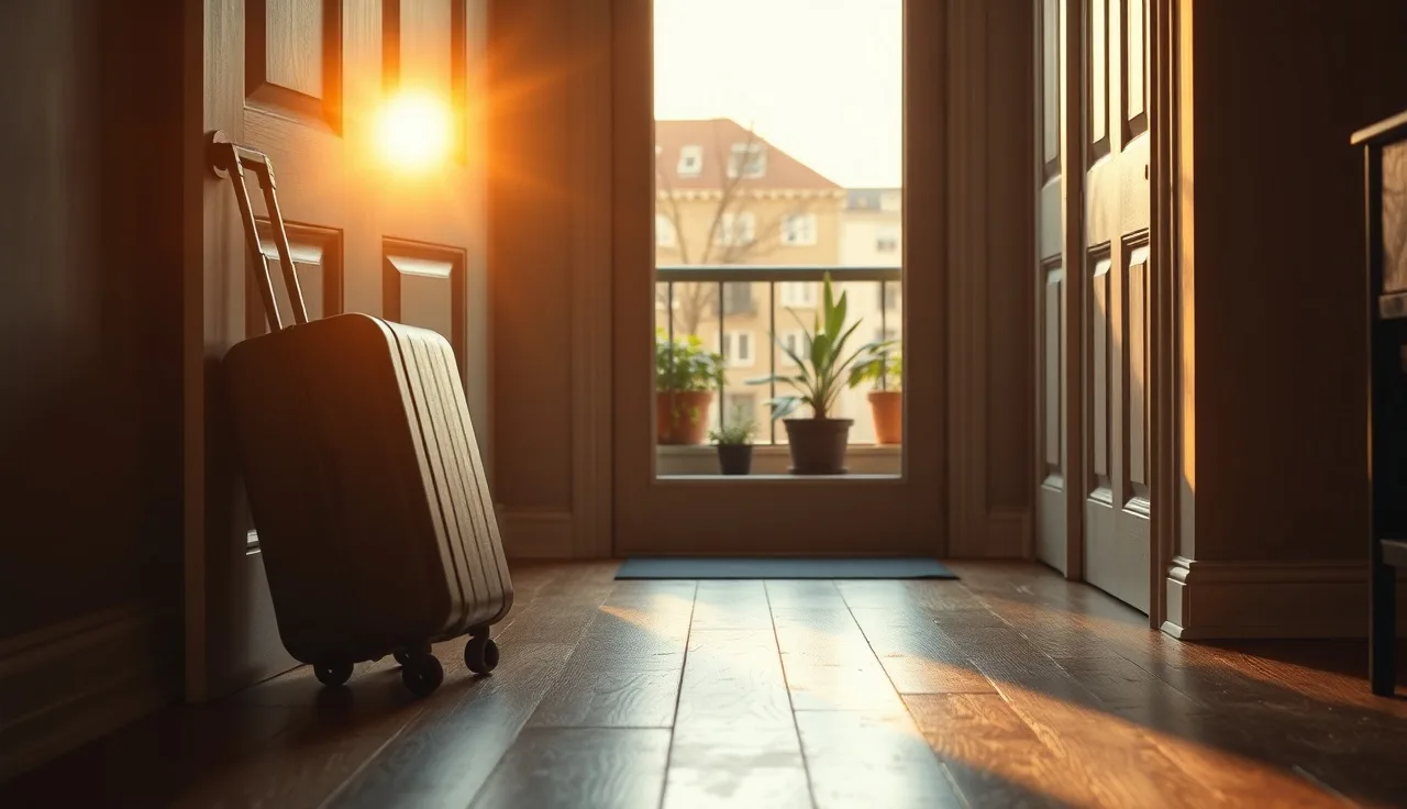 Packed suitcase at an apartment doorway with plants in the window, suggesting a tenant preparing to travel