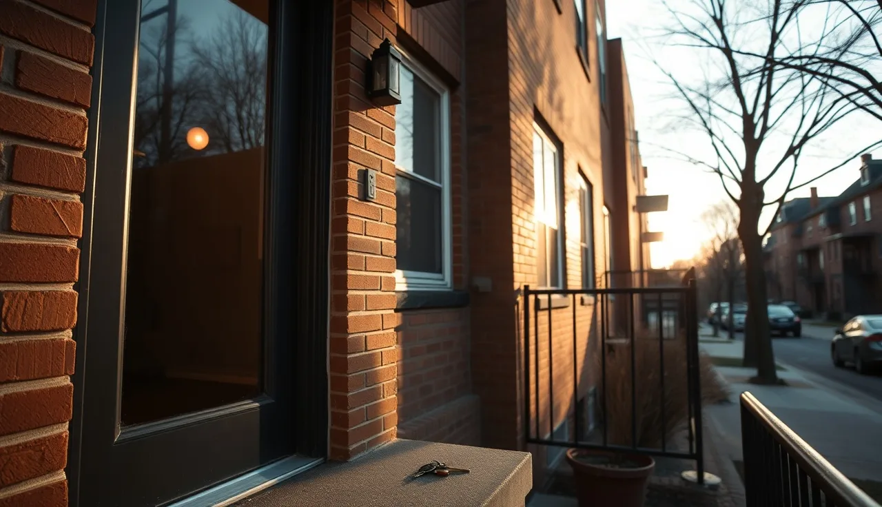 Keys on the doorstep of a brick apartment building during emergency relocation