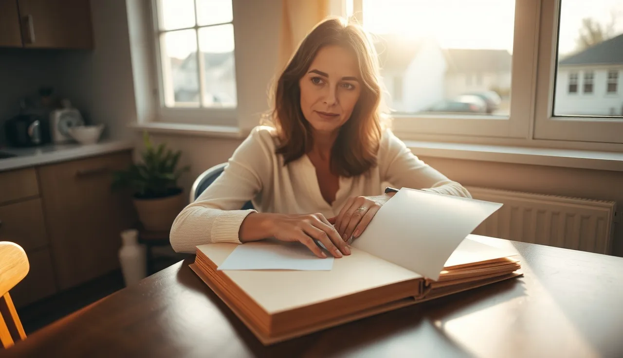 Woman at kitchen table with housing paperwork, preparing a VAWA transfer request