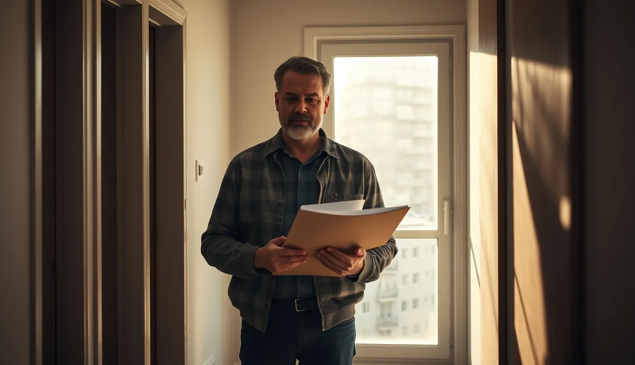 Tenant holding housing documents speaks with landlord in apartment hallway