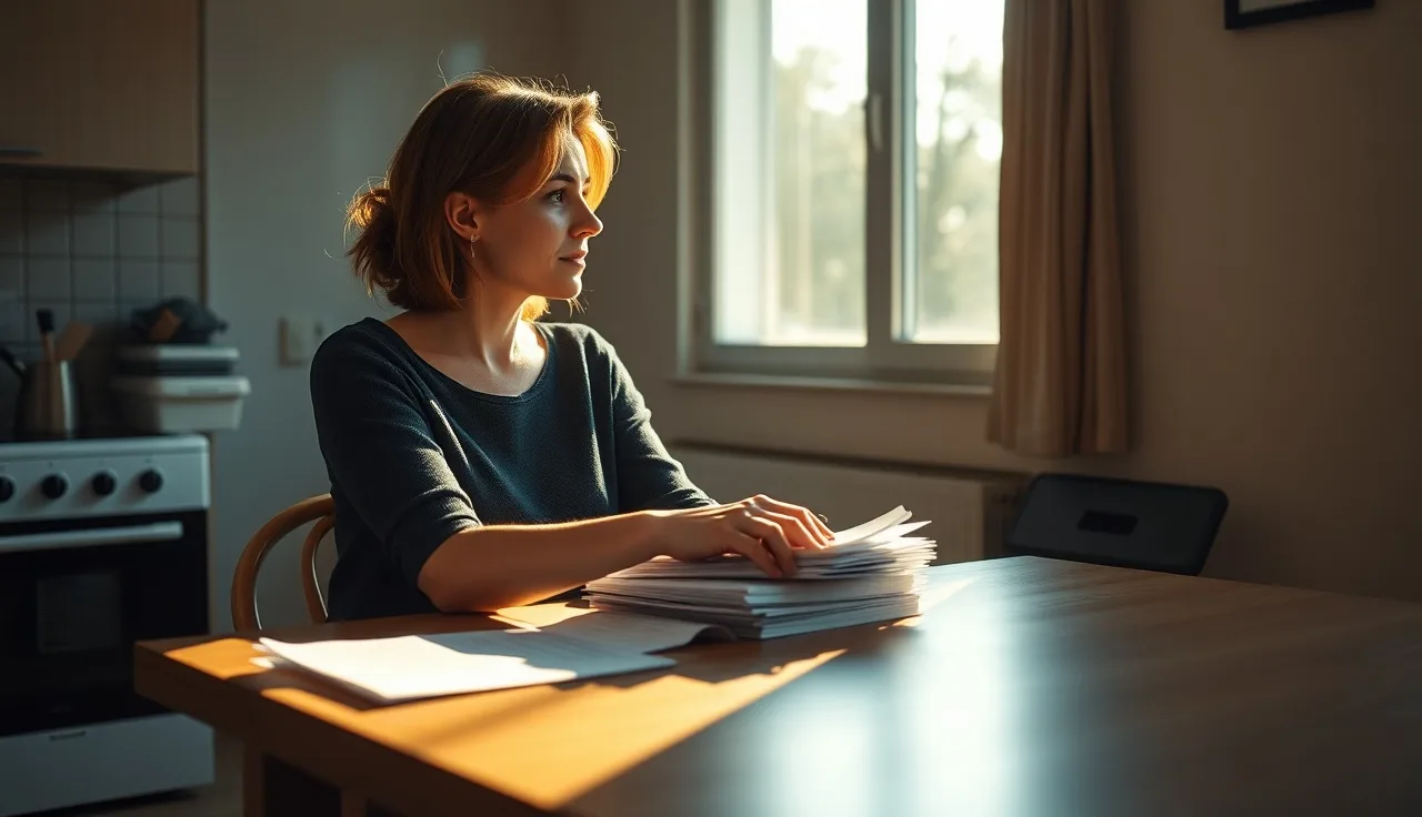 Woman at kitchen table reviewing Section 8 emergency transfer documents near window