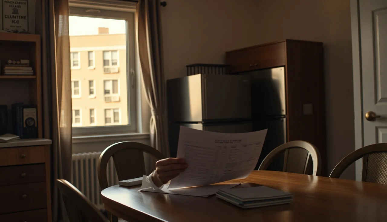 Renter reviewing tenant application at kitchen table with housing office outside window