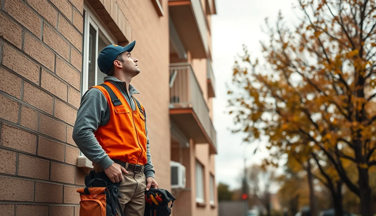 Maintenance worker examining a broken apartment window needing HQS repairs