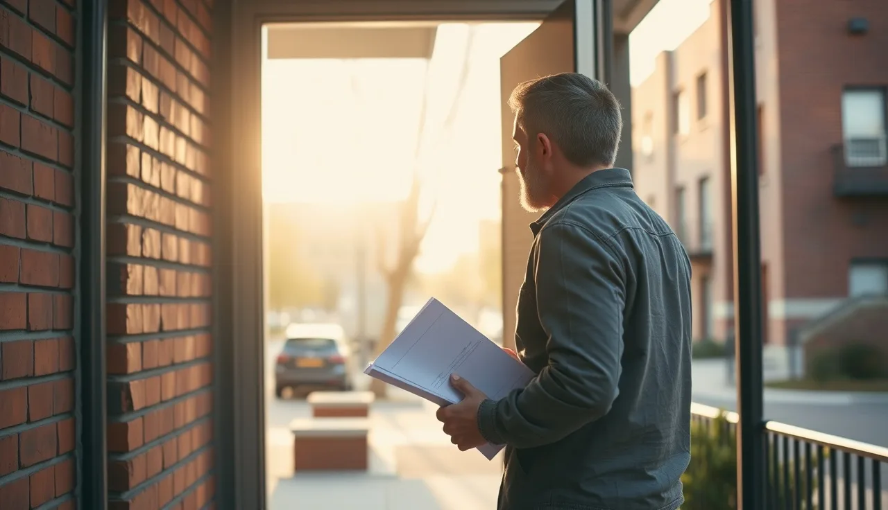 Renter holding documents at apartment door, seeking housing with voucher