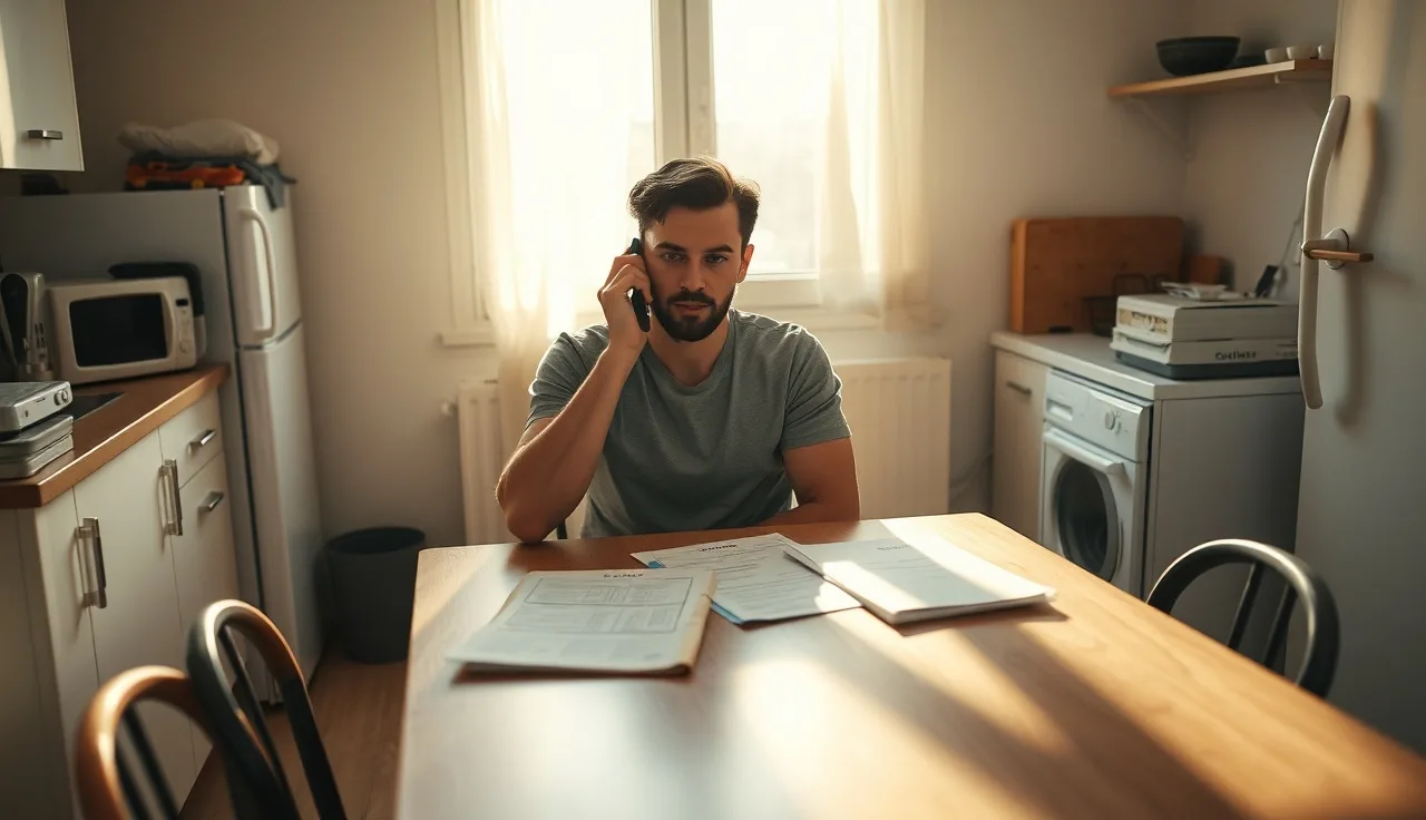 Person calling for rental assistance on phone at home kitchen table