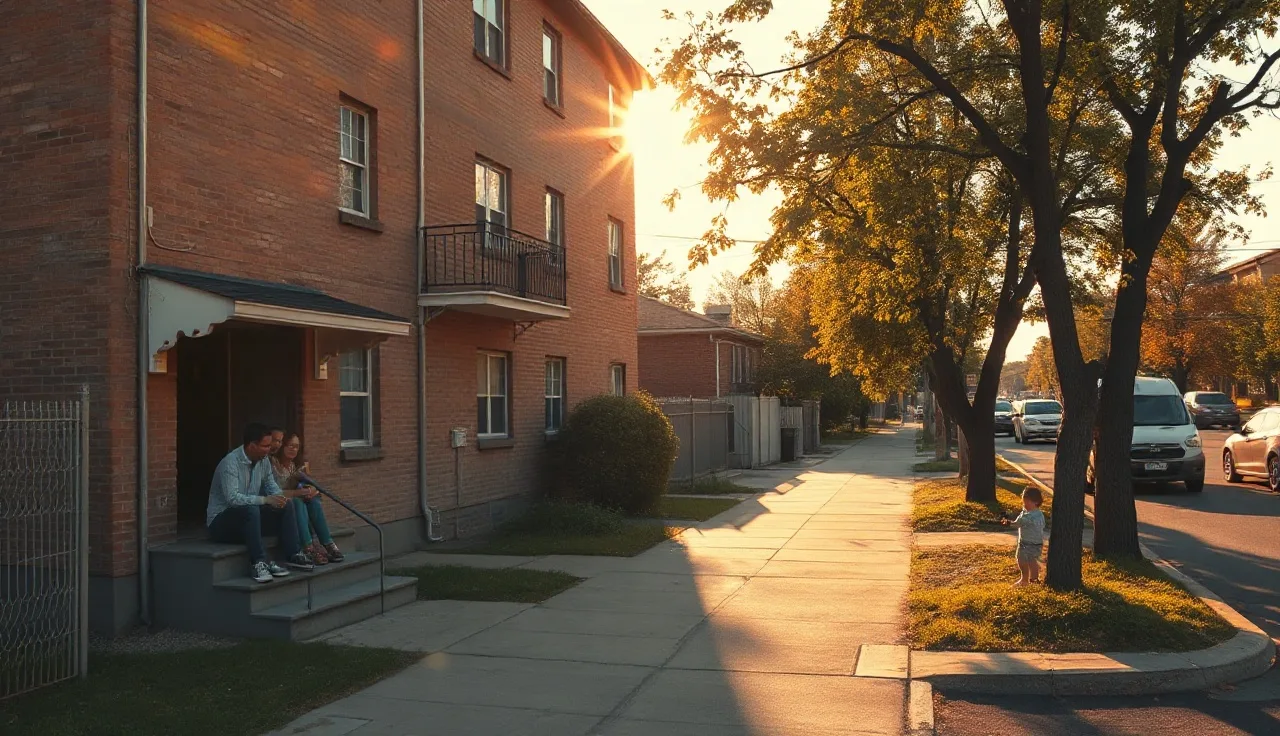 Family outside an affordable apartment building on a residential street