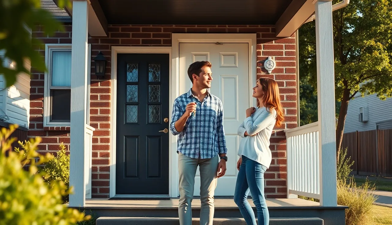 Young couple holding house keys on front porch of newly purchased home