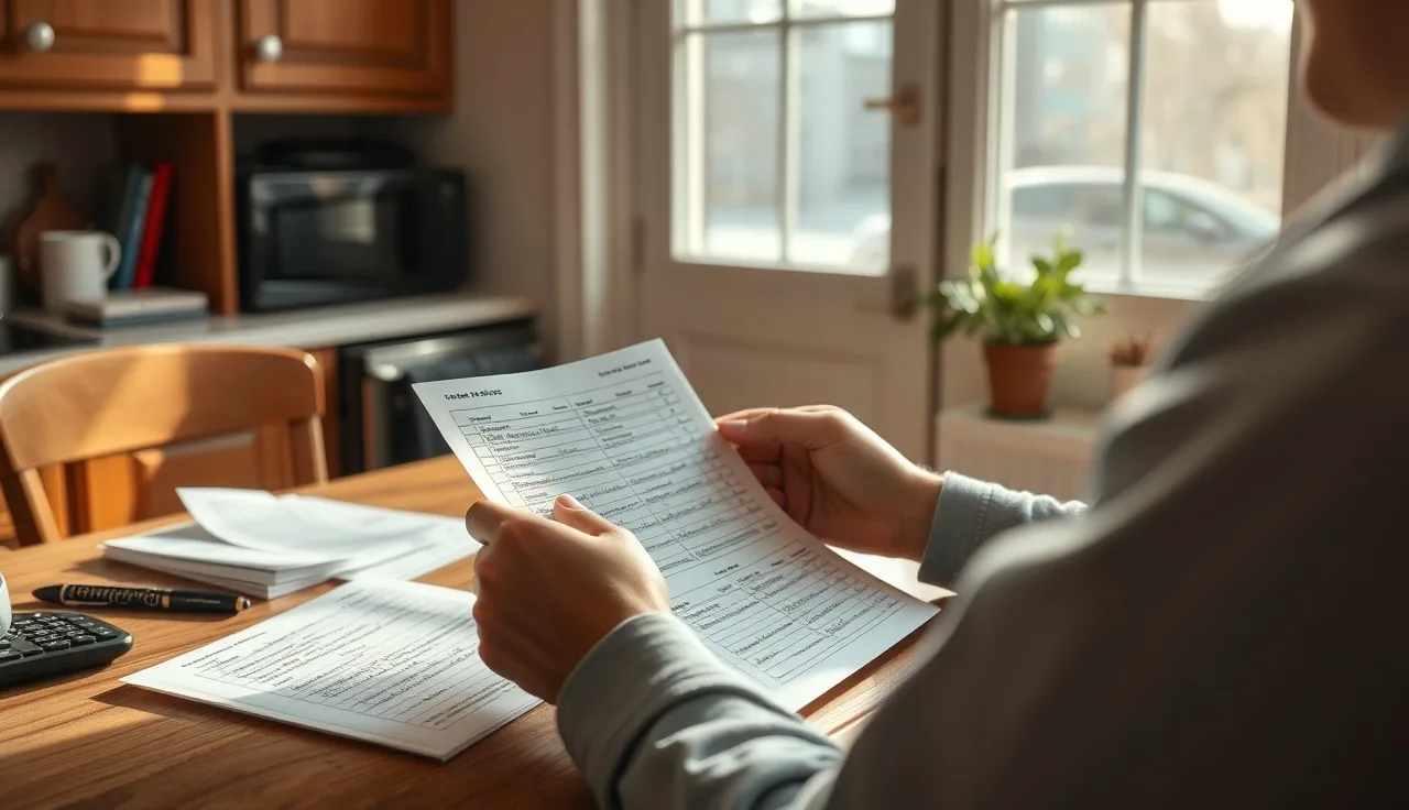 Person reviewing business financial records at a kitchen table, morning light