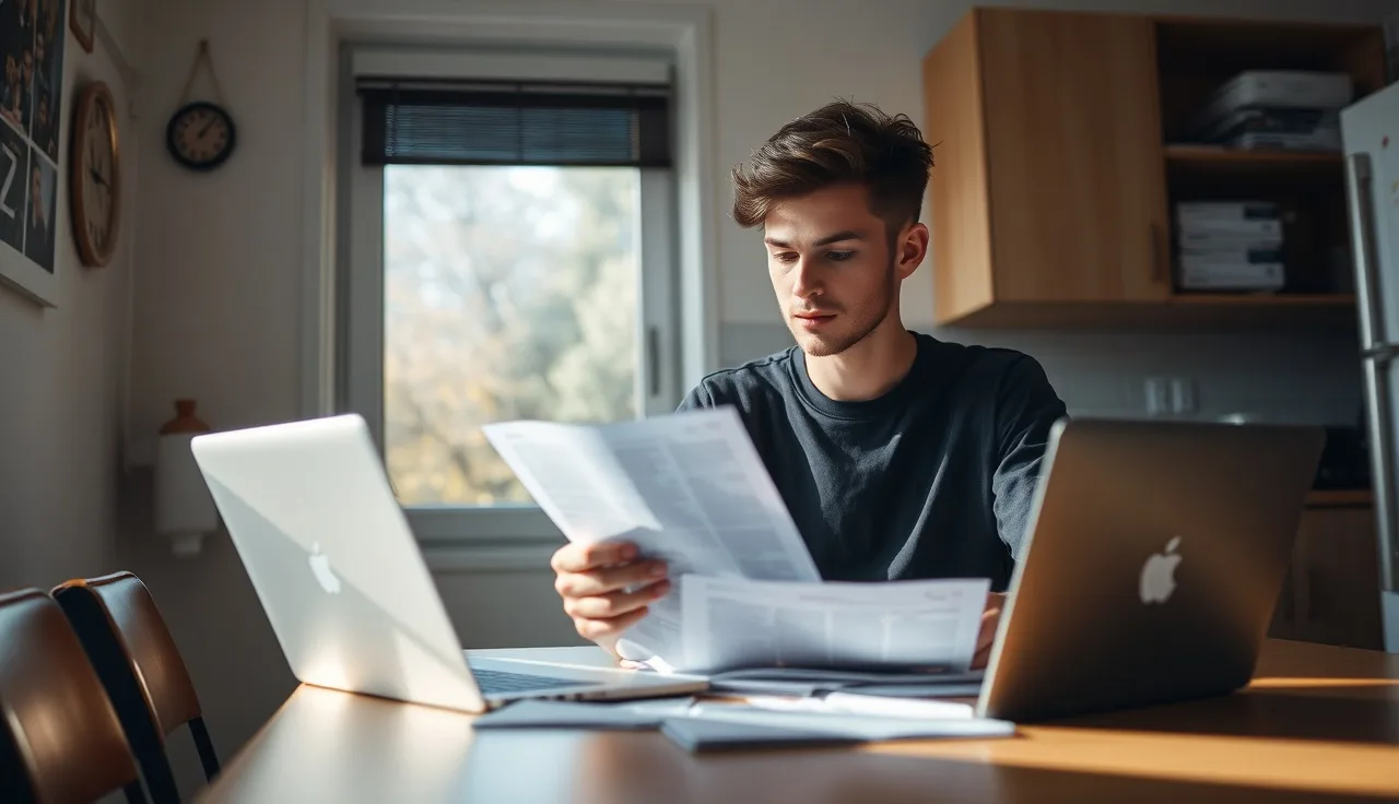 Young adult student reviewing Section 8 housing paperwork at apartment kitchen table