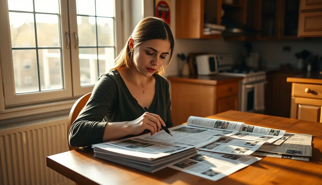 Woman reviewing rental listings at kitchen table while searching for housing with a voucher