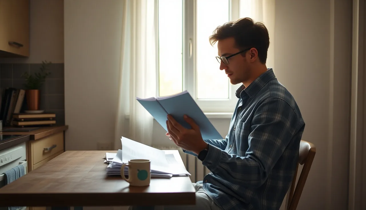 Person reviewing housing paperwork at kitchen table after starting a new job