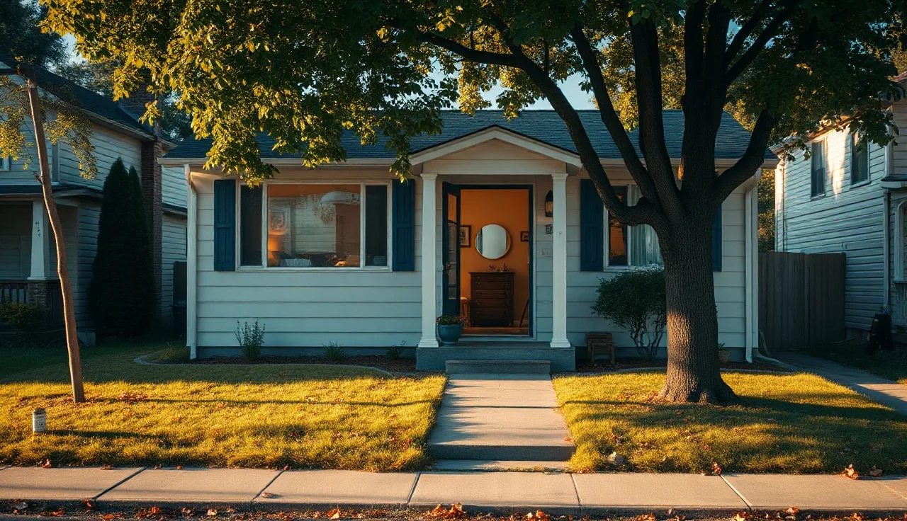 Modest homeownership program house with a spare room visible through a window
