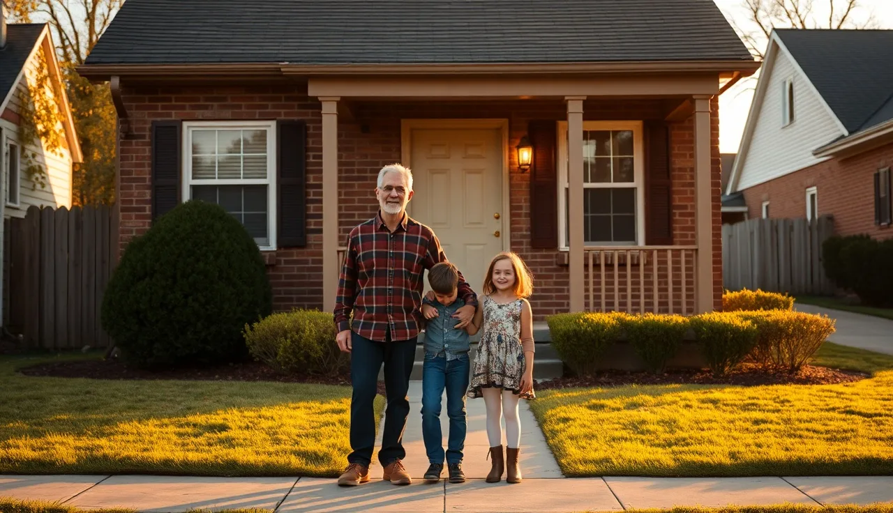 Family standing in front of a brick home they purchased using a housing voucher