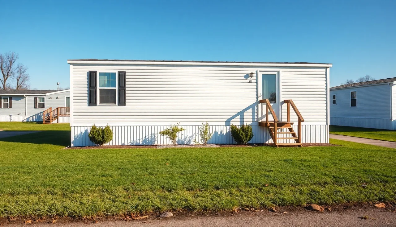 Single-wide manufactured home on a lot in a mobile home park on a sunny morning