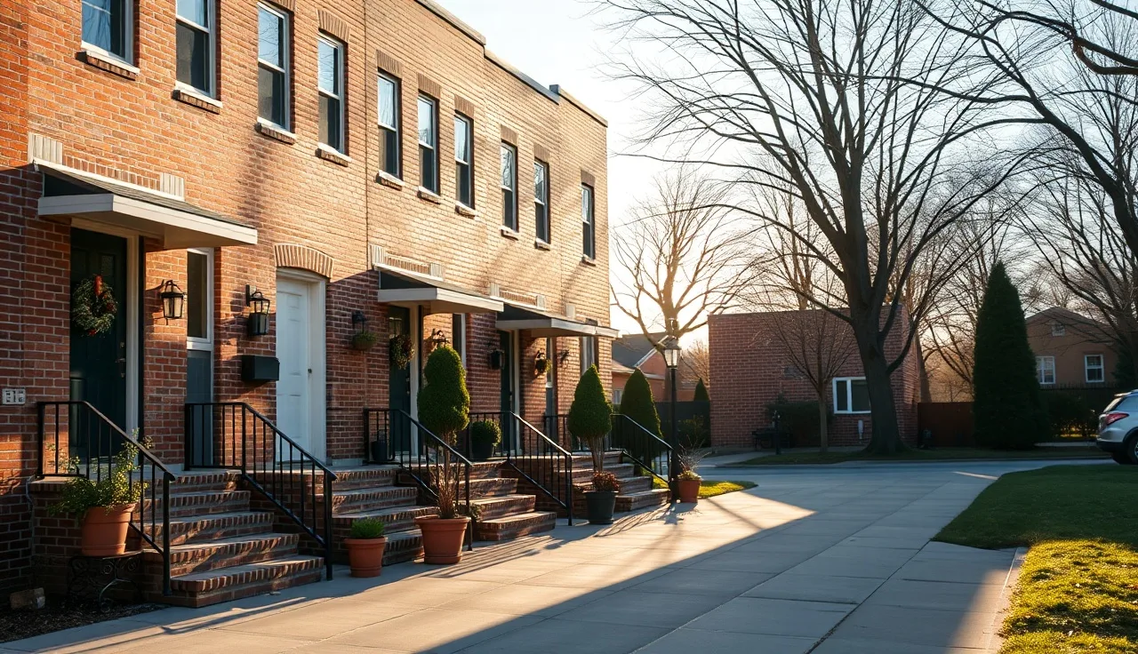 Row of brick townhomes on a residential street, afternoon light, no signage