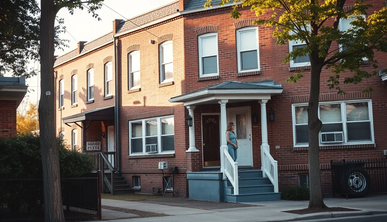 Woman at front door of brick row house considering a rental arrangement