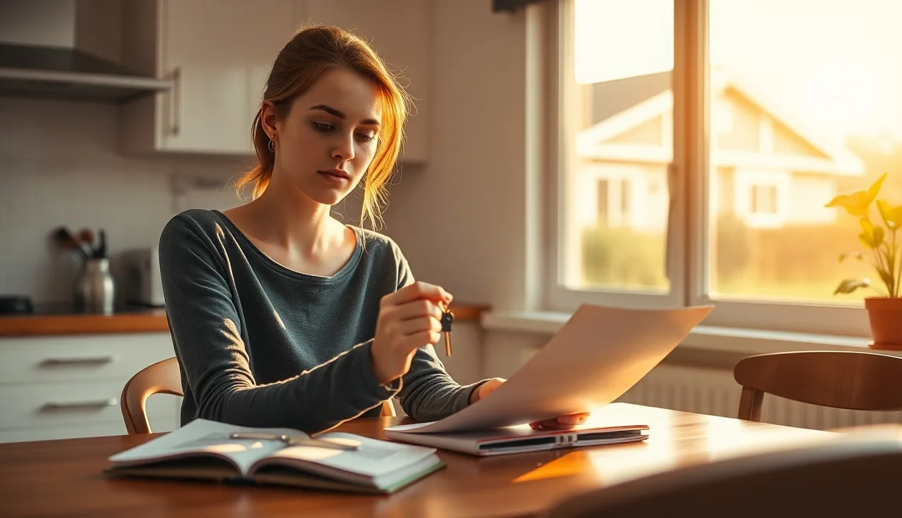 Woman at kitchen table holding house key, reviewing homeownership documents