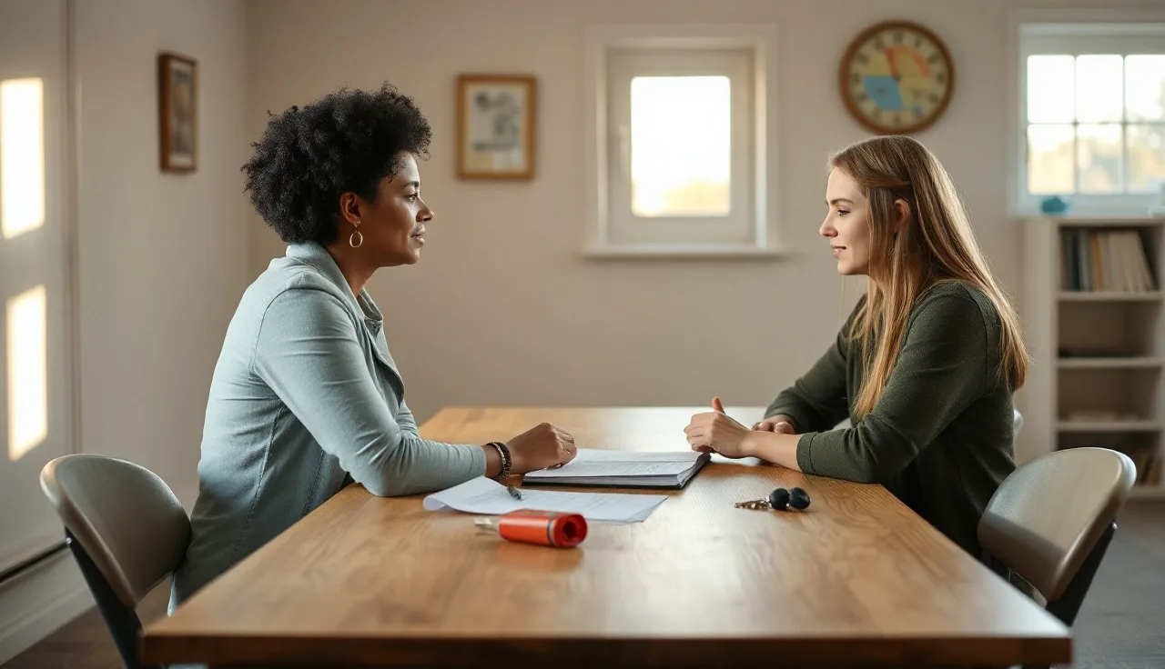 Caseworker meeting with a housing voucher recipient at a community center table