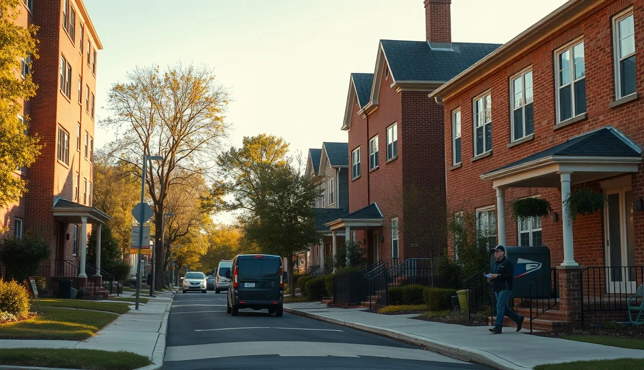 Residential street with apartment buildings and single-family homes on a sunny afternoon
