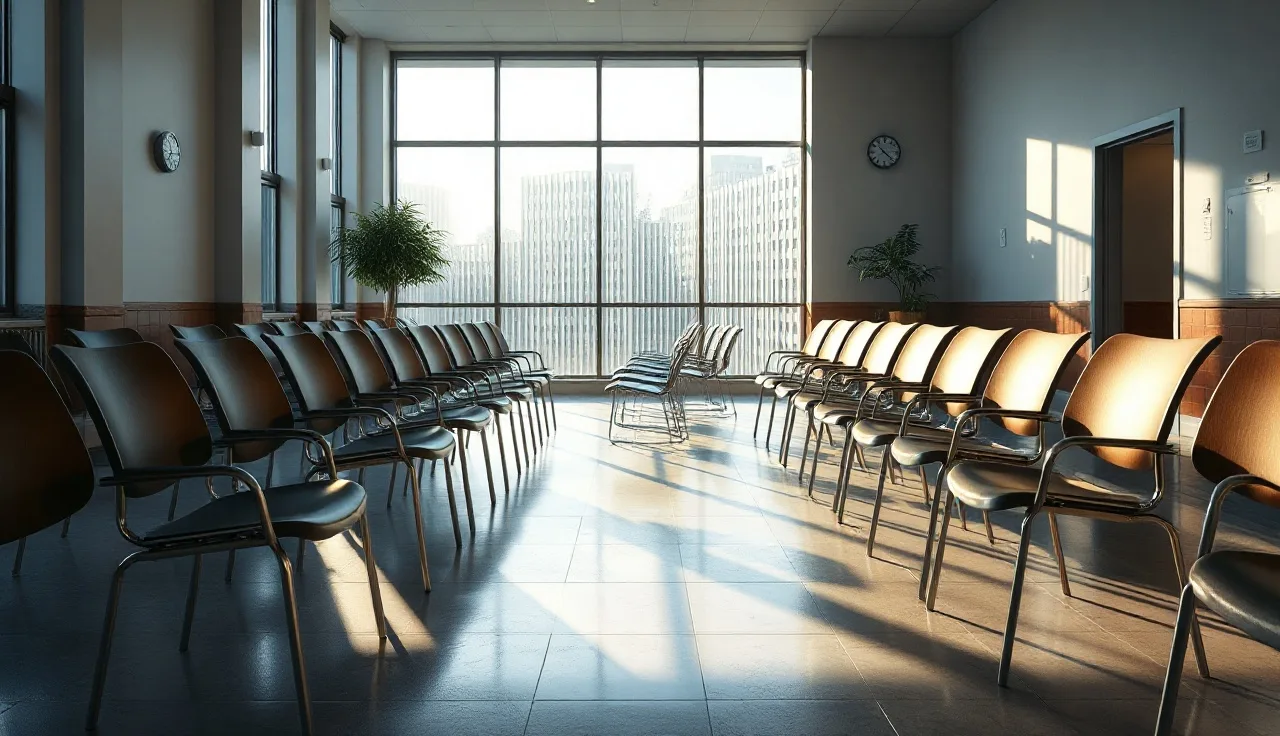 Empty housing authority waiting room with service counter and afternoon sunlight