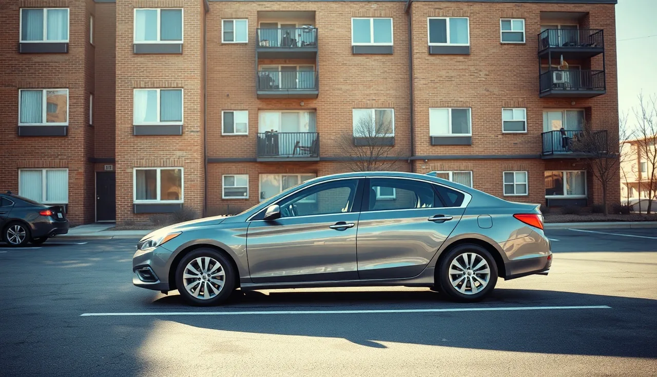 Modest sedan parked outside an apartment complex, representing car ownership and Section 8 housing