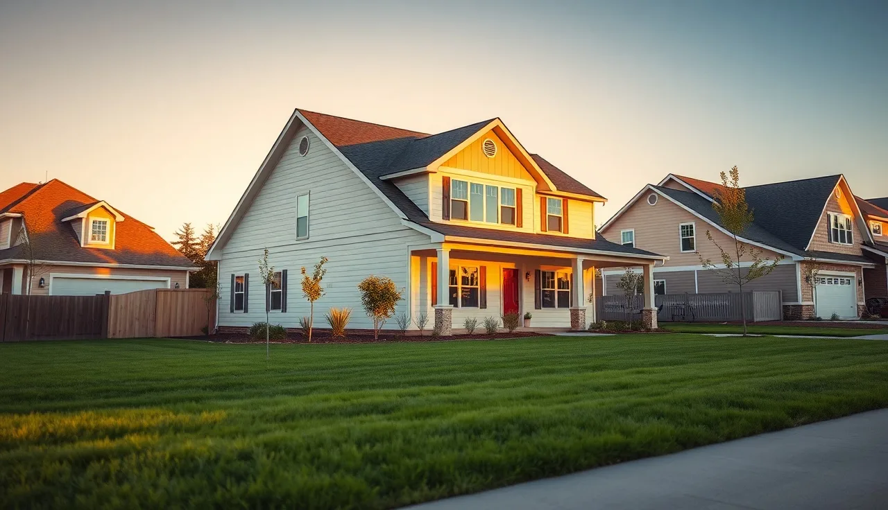 Newly built single-family home on a residential street at golden hour