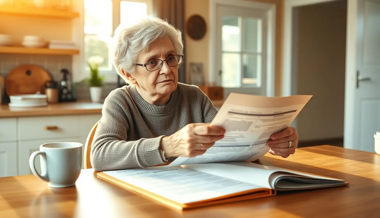 Woman reviewing retirement account statements at kitchen table for housing assistance recertification