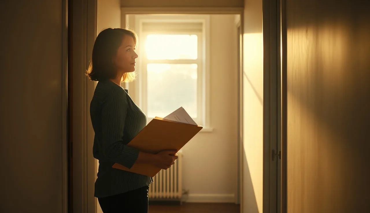 Woman holding housing paperwork in an apartment hallway, natural morning light