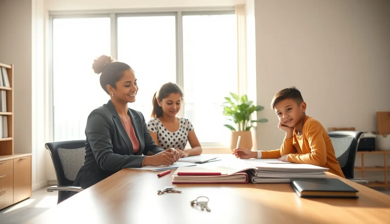 Housing caseworker meets with a family at a federal housing office