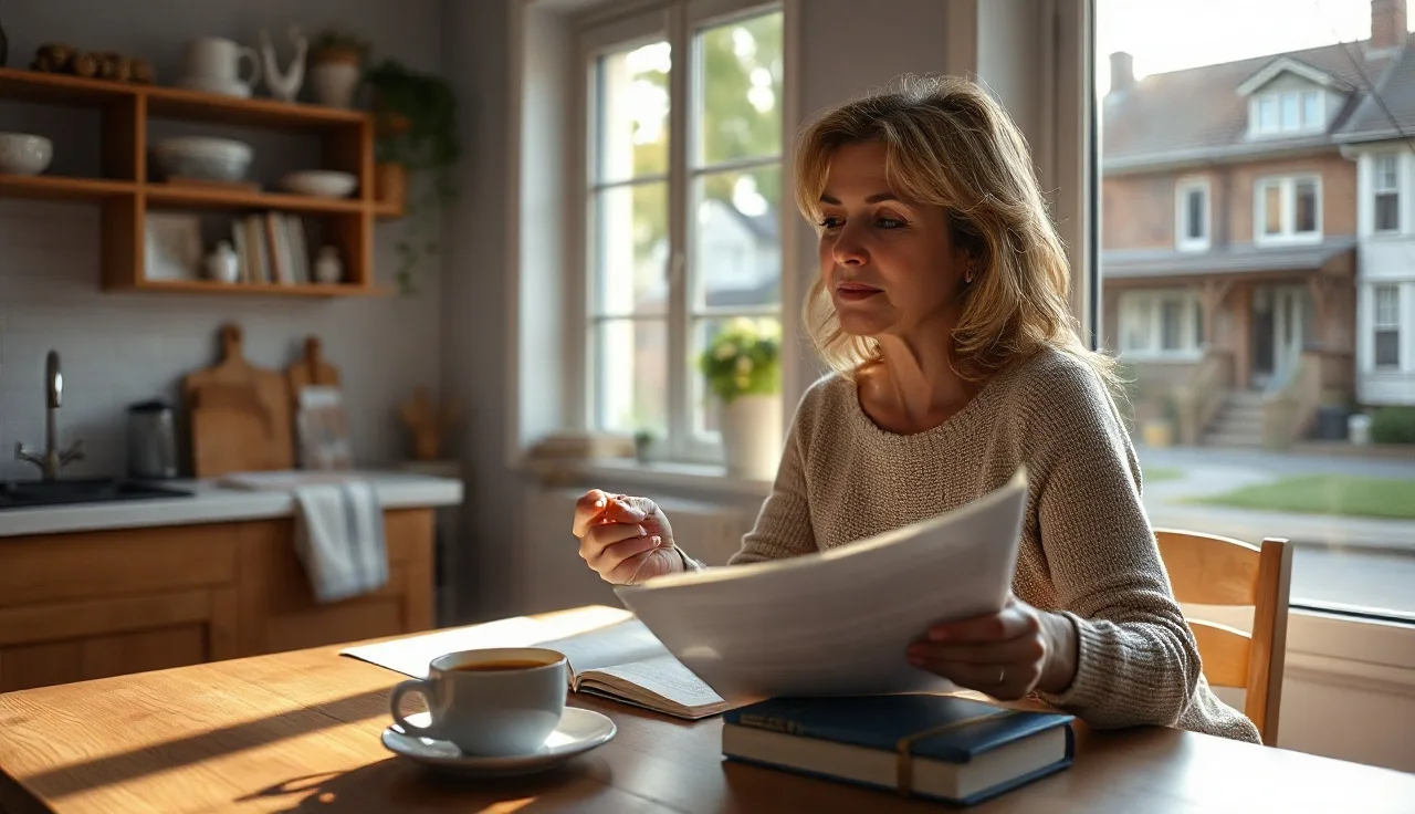 Woman reviewing rental assistance documents at a sunlit kitchen table