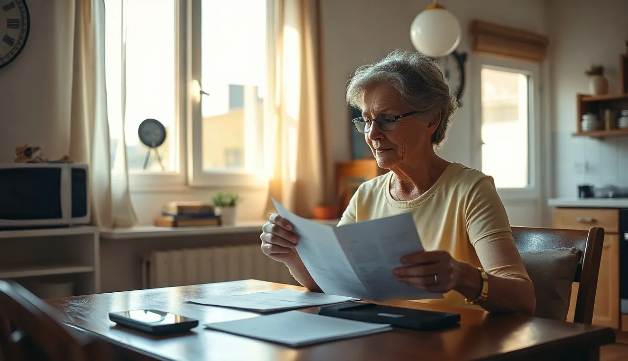 Woman reviewing rental assistance paperwork at kitchen table in natural light