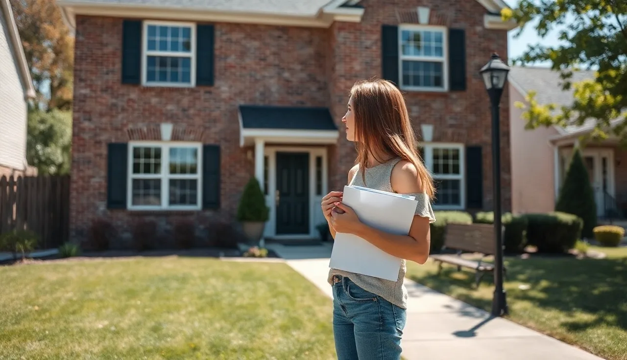 Woman with paperwork standing outside a two-story rental home accepting Section 8