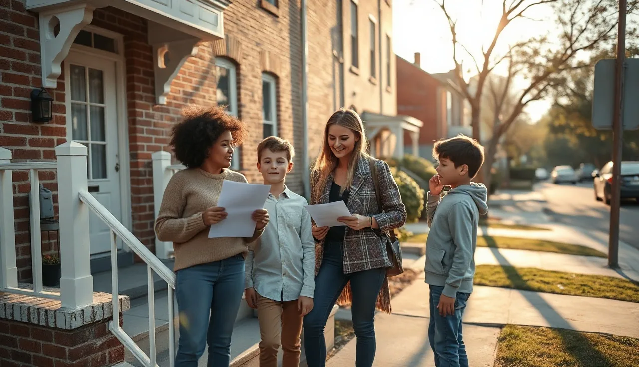 Family standing outside a brick row house holding housing paperwork on a sunny day