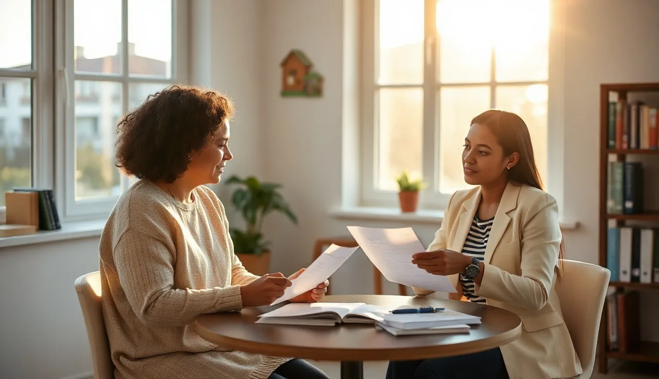 Housing navigator helping a voucher holder review rental documents at a community office