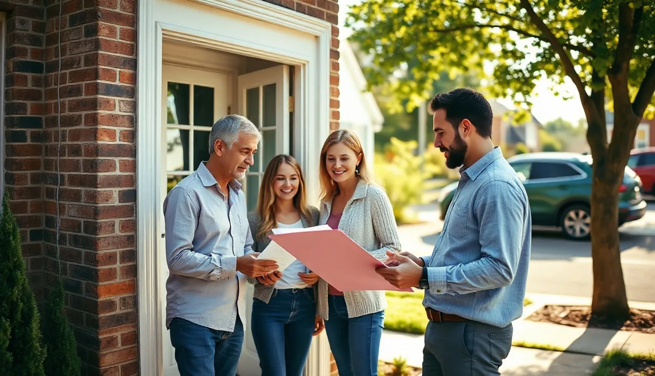 Family and property manager reviewing housing assistance paperwork at a rental home entrance