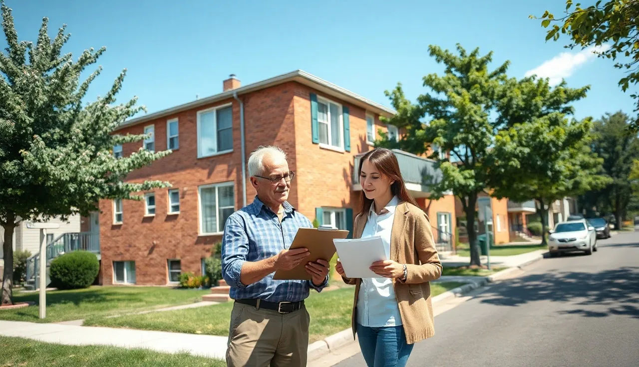 Tenant and property manager reviewing rental agreement outside apartment building