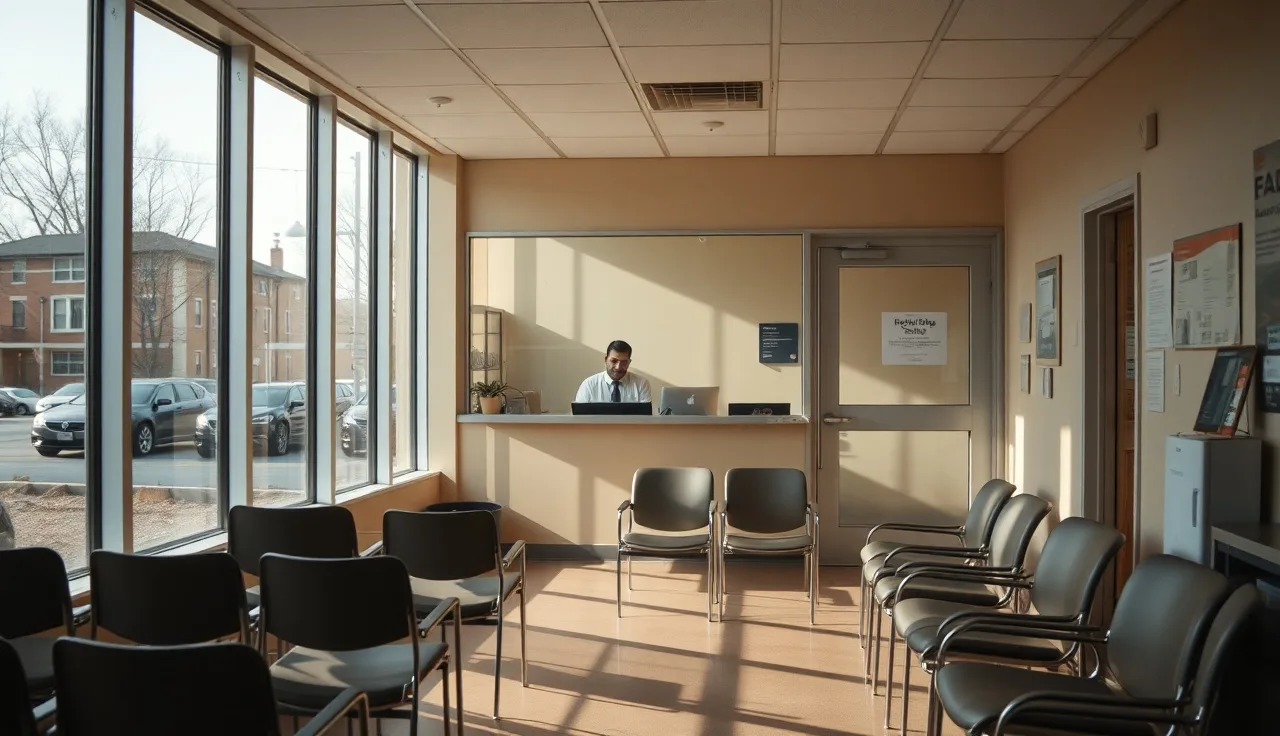 Housing authority office reception desk with empty waiting area chairs and natural light