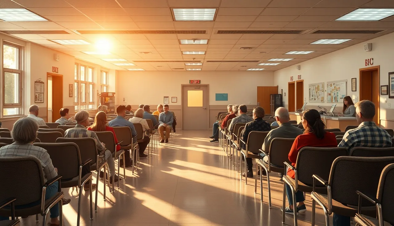 People waiting at a housing authority service counter in a sunlit lobby