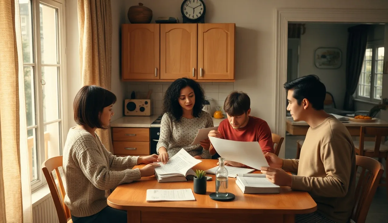 Family reviewing housing paperwork at kitchen table, housing choice voucher context