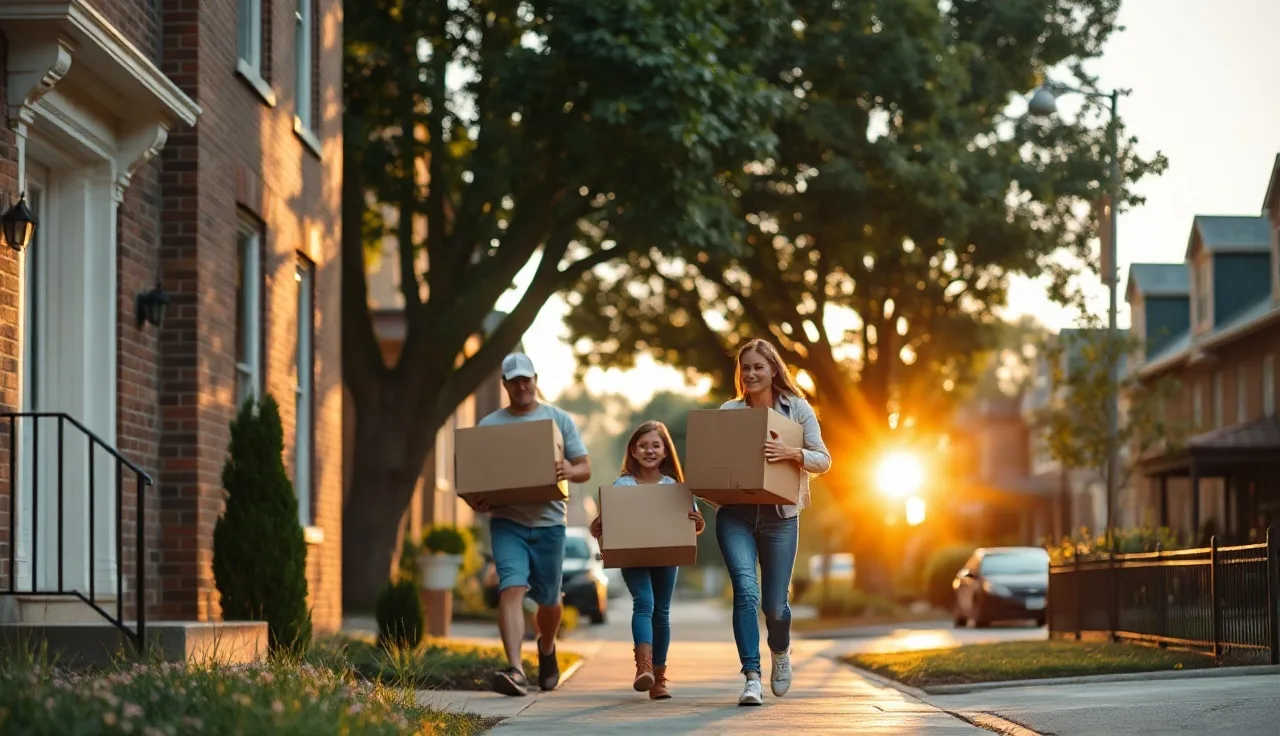 Family moving boxes into a rowhouse, housing voucher move-in day