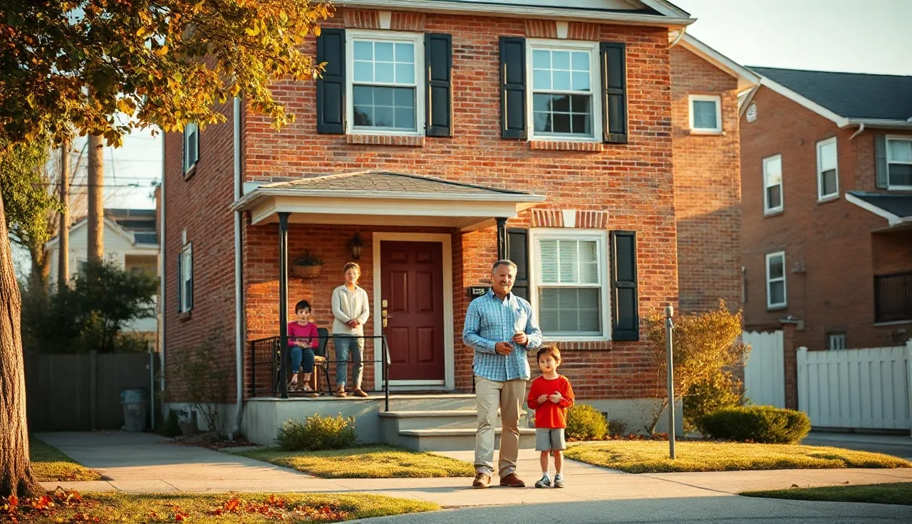 Family of four outside a brick rental home holding keys, housing voucher concept