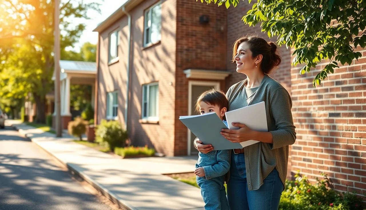 Mother and child outside a brick rental apartment building with housing paperwork