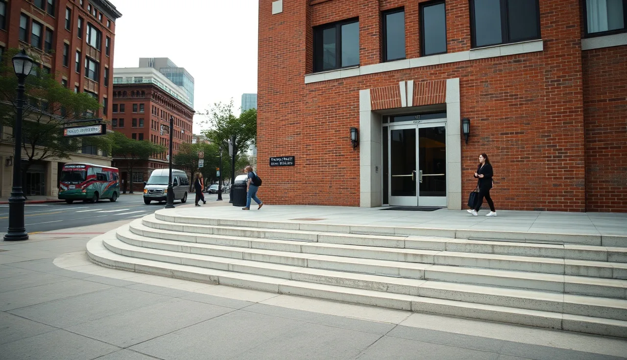 Brick government housing authority building exterior with people on front steps