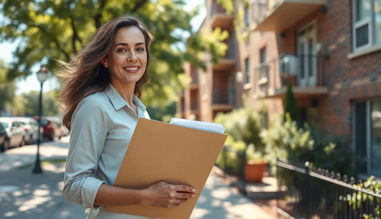 Woman with rental documents outside an apartment building, section 8 housing